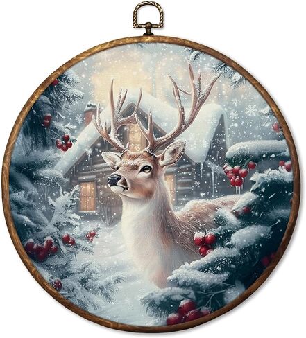 HUGANE Vintage Rustic Christmas Winter Reindeer Round Wall Art Decor, Farmhouse Cozy Winter Forest Deer Hanging Canvas Framed Prints Wall Sculptures for Home Bedroom Living Room Decor, 10x10 Inch in Saudi Arabia