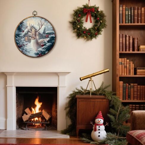 HUGANE Vintage Rustic Christmas Winter Reindeer Round Wall Art Decor, Farmhouse Cozy Winter Forest Deer Hanging Canvas Framed Prints Wall Sculptures for Home Bedroom Living Room Decor, 10x10 Inch in Saudi Arabia