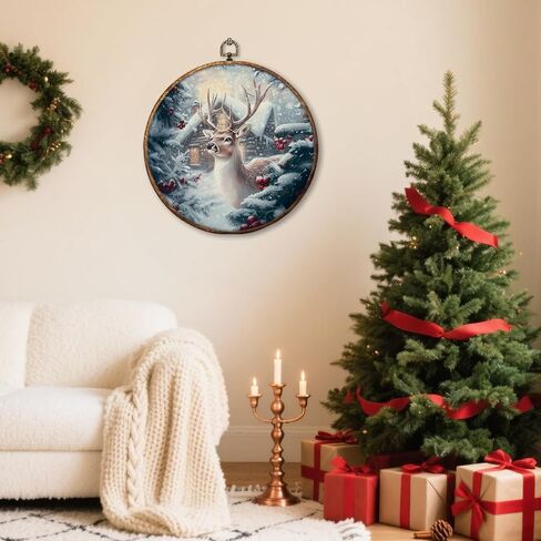 HUGANE Vintage Rustic Christmas Winter Reindeer Round Wall Art Decor, Farmhouse Cozy Winter Forest Deer Hanging Canvas Framed Prints Wall Sculptures for Home Bedroom Living Room Decor, 10x10 Inch in Saudi Arabia