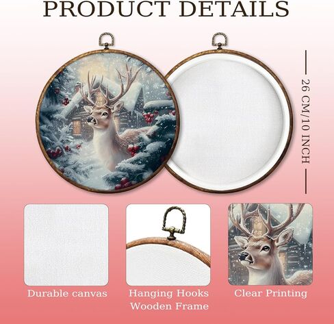 HUGANE Vintage Rustic Christmas Winter Reindeer Round Wall Art Decor, Farmhouse Cozy Winter Forest Deer Hanging Canvas Framed Prints Wall Sculptures for Home Bedroom Living Room Decor, 10x10 Inch in Saudi Arabia