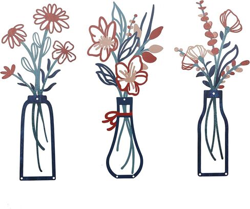 3 Pcs Metal Flowers Wall Arts, Metal Flower Decor Floral Wall Art Farmhouse Wall Decoration Bathroom Wall Decor Rustic Flowers for Bedroom Kitchen Office Dining Room Wall Hanging Decor (Red) in Saudi Arabia