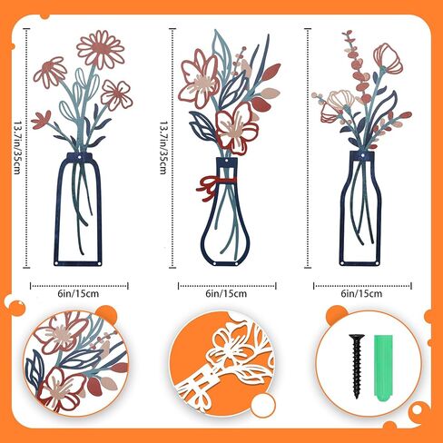 3 Pcs Metal Flowers Wall Arts, Metal Flower Decor Floral Wall Art Farmhouse Wall Decoration Bathroom Wall Decor Rustic Flowers for Bedroom Kitchen Office Dining Room Wall Hanging Decor (Red) in Saudi Arabia