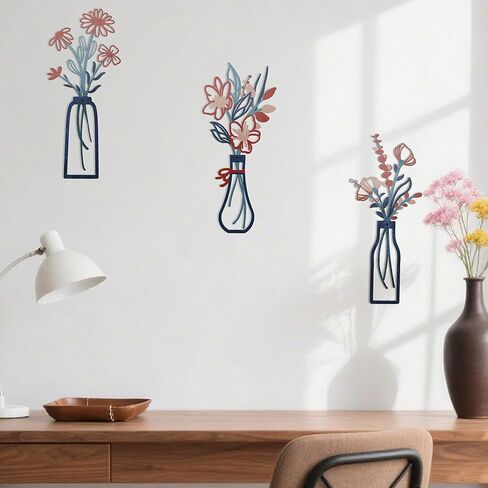 3 Pcs Metal Flowers Wall Arts, Metal Flower Decor Floral Wall Art Farmhouse Wall Decoration Bathroom Wall Decor Rustic Flowers for Bedroom Kitchen Office Dining Room Wall Hanging Decor (Red) in Saudi Arabia