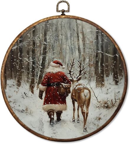 HUGANE Vintage Rustic Christmas Winter Reindeer Round Wall Art Decor, Farmhouse Cozy Winter Forest Deer Hanging Canvas Framed Prints Wall Sculptures for Home Bedroom Living Room Decor, 10x10 Inch in Saudi Arabia