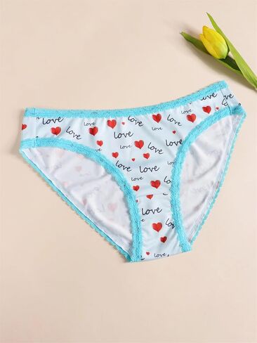 Women's Love Heart Print Bikini Panties, Lace Trim, 3 Pack, Black Red Blue in Saudi Arabia