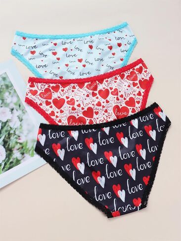 Women's Love Heart Print Bikini Panties, Lace Trim, 3 Pack, Black Red Blue in Saudi Arabia