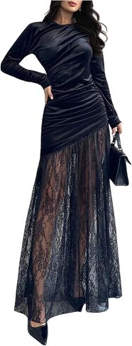 SweatyRocks Women's Velvet Lace Patchwork Ruched Maxi Dress Elegant Long Sleeve Ruffle Hem Long Party Dresses in Saudi Arabia