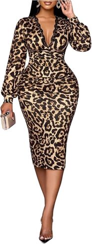 Floerns Women's Plus Size Cheetah Print Lace Dress V Neck Bodycon Formal Midi Dress in Kuwait