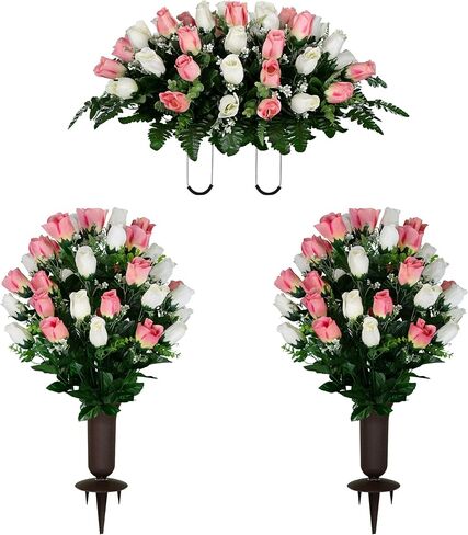 Sympathy Silks 30" Headstone Flower Saddle Artificial Cemetery Flowers - Gravesite Flowers - Red Roses in Saudi Arabia