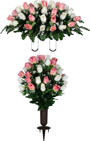 Sympathy Silks 30" Headstone Flower Saddle Artificial Cemetery Flowers - Gravesite Flowers - Red Roses in Saudi Arabia