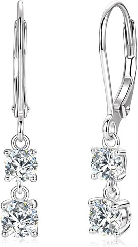 Moissanite Earrings for Women, 1.4CT/Pair Brilliant Round Cut 18K White Gold Plated 925 Sterling Silver Leverback Drop Dangle Earring in Saudi Arabia