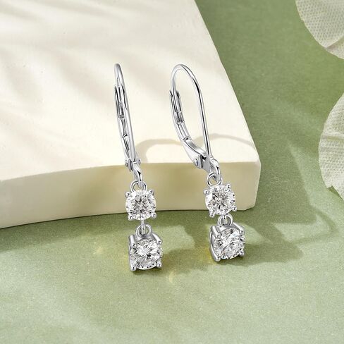 Moissanite Earrings for Women, 1.4CT/Pair Brilliant Round Cut 18K White Gold Plated 925 Sterling Silver Leverback Drop Dangle Earring in Saudi Arabia