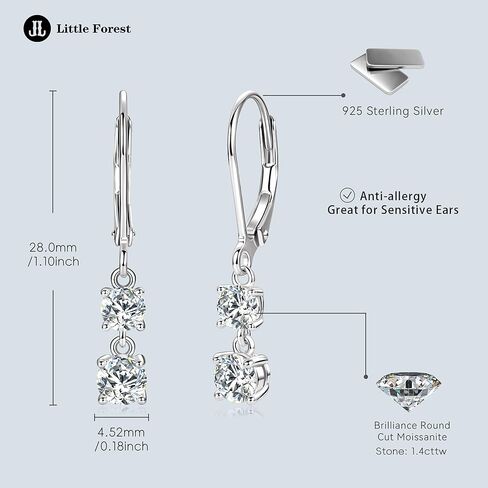 Moissanite Earrings for Women, 1.4CT/Pair Brilliant Round Cut 18K White Gold Plated 925 Sterling Silver Leverback Drop Dangle Earring in Saudi Arabia