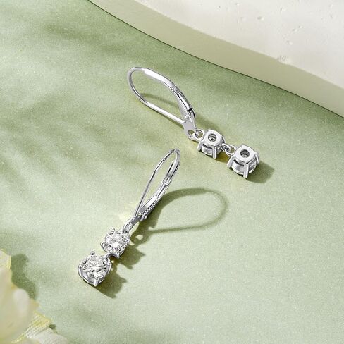 Moissanite Earrings for Women, 1.4CT/Pair Brilliant Round Cut 18K White Gold Plated 925 Sterling Silver Leverback Drop Dangle Earring in Saudi Arabia