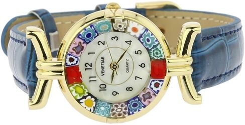 ساعة جلاس أوف فينيسيا مورانو جلاس ميلفيوري الفاخرة للنساء مع سوار جلدي - وجه 7/8 بوصة، حزام أزرق، وجه ميلفيوري متعدد الألوان. صنع في إيطاليا in Saudi Arabia