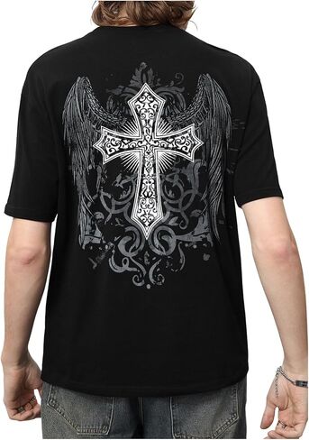 SHENHE Men's Cross Wing Graphic Y2k Goth Top Crew Neck Short Sleeve Rave Tee Shirt in Saudi Arabia