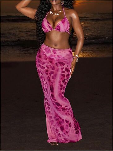 SweatyRocks Women's 3 Piece Leopard Swimsuit Halter Triangle Bikini Set with Mesh Skirt in Saudi Arabia