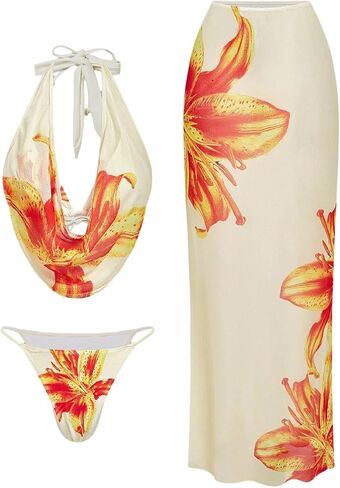 Verdusa Women's 3 Piece Swimsuits Floral Halter Bikini Sets Boho Self Tie Swimsuit with Cover Up Skirt in Saudi Arabia