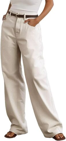 Flamingals Women's Wide Straight Leg Pants Stretchy Causal Baggy High Waist Solid Wash Loose Long Pant Beige 4XL in Kuwait