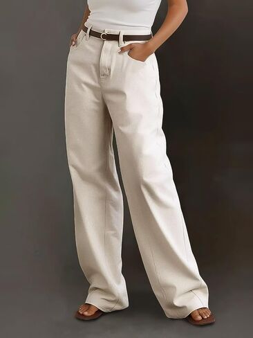 Flamingals Women's Wide Straight Leg Pants Stretchy Causal Baggy High Waist Solid Wash Loose Long Pant Beige 4XL in Kuwait