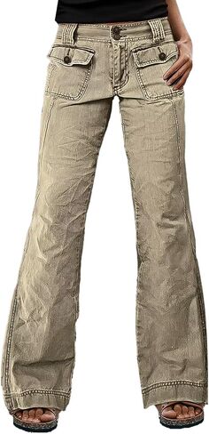 Flamingals Straight Leg Mid Waist Seam Front Solid Flap Pocket Pants for Women in Kuwait