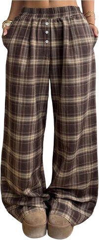 RoseSeek Women's Plaid Wide Leg Pants Button Down Elastic Waisted Trousers Casual Pants in Kuwait