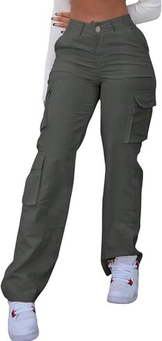 SDNGED Women’s High Waisted Cargo Pants, Lightweight Straight Leg Trousers with Pockets, Casual Low-Stretch Pants for Women in Saudi Arabia