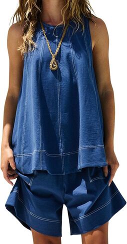 loveimgs Women Summer 2 Piece Denim Shorts Set Sleeveless Tank Vest Tunic Top Patchwork Jean Shorts Set Outfit in Saudi Arabia