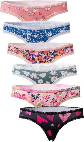 6-Pack Sexy Lace-Trimmed Women's Low-Rise Panties - Floral Print Design, Breathable & Stylish Underwear in Saudi Arabia