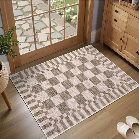 GarveeHome Brown Checkered Rug 5×7 Area Rugs for Living Room，Geometric Tan Brown Print Non-Slip Washable Rug Soft Low-Pile, Neutral Modern Farmhouse Rugs for Bedroom Dining Room Office in Kuwait