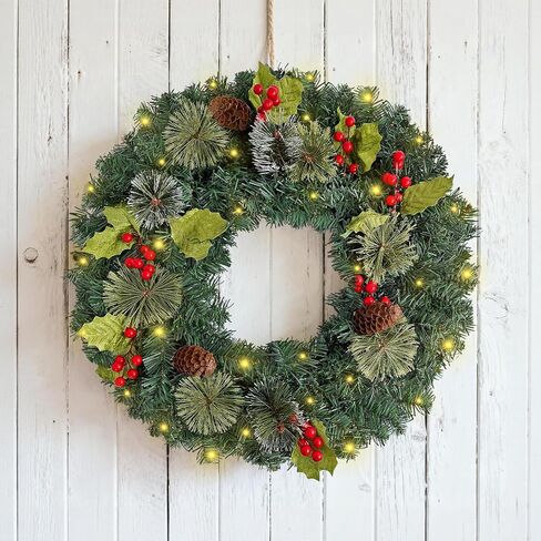 Pre-Lit Artificial Christmas Wreaths for Front Door, Decorated with Pine Frosted Branches and Berries, Pinecones and Leaves; Christmas Wreath with LED Warm Lights for Wall Windows, 16 Inches in Saudi Arabia