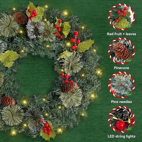 Pre-Lit Artificial Christmas Wreaths for Front Door, Decorated with Pine Frosted Branches and Berries, Pinecones and Leaves; Christmas Wreath with LED Warm Lights for Wall Windows, 16 Inches in Saudi Arabia