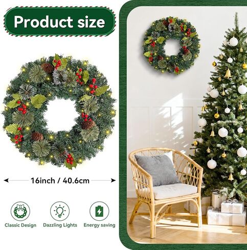 Pre-Lit Artificial Christmas Wreaths for Front Door, Decorated with Pine Frosted Branches and Berries, Pinecones and Leaves; Christmas Wreath with LED Warm Lights for Wall Windows, 16 Inches in Saudi Arabia