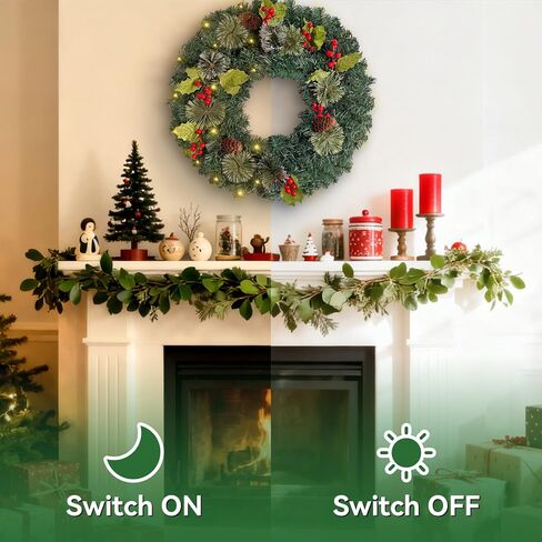 Pre-Lit Artificial Christmas Wreaths for Front Door, Decorated with Pine Frosted Branches and Berries, Pinecones and Leaves; Christmas Wreath with LED Warm Lights for Wall Windows, 16 Inches in Saudi Arabia