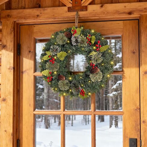 Pre-Lit Artificial Christmas Wreaths for Front Door, Decorated with Pine Frosted Branches and Berries, Pinecones and Leaves; Christmas Wreath with LED Warm Lights for Wall Windows, 16 Inches in Saudi Arabia