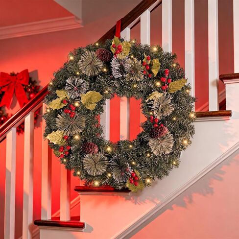 Pre-Lit Artificial Christmas Wreaths for Front Door, Decorated with Pine Frosted Branches and Berries, Pinecones and Leaves; Christmas Wreath with LED Warm Lights for Wall Windows, 16 Inches in Saudi Arabia