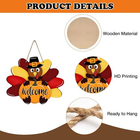 Bolisom Welcome Thanksgiving Turkey Pumpkin Front Door Sign, Fall Farmhouse Wood Hanger Outdoor Outside Porch Home Decor, Autumn Wooden Wreath Indoor Wall Hanging Decoration in Saudi Arabia