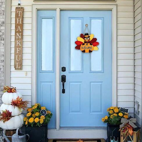 Bolisom Welcome Thanksgiving Turkey Pumpkin Front Door Sign, Fall Farmhouse Wood Hanger Outdoor Outside Porch Home Decor, Autumn Wooden Wreath Indoor Wall Hanging Decoration in Saudi Arabia