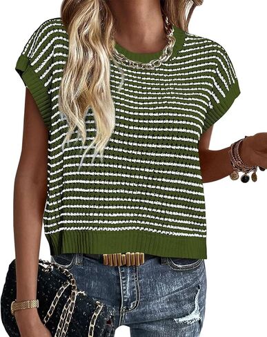 ATHMILE Womens Short Sleeve Sweater Spring Summer Striped Teacher Round Neck Pullover Cap Sleeve Knit Cute Vest Tops 2026 in Saudi Arabia