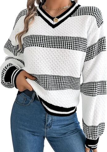 Kaei&Shi V Neck Striped Sweater,Lantern Sleeve Knit Tops for Women,Color Block Pullover Sweaters in Saudi Arabia
