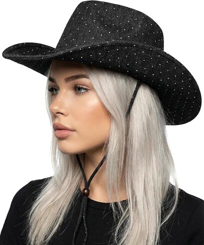 Funky Junque Rhinestone Western Cowgirl Hat - Adjustable Chin Strap - Denim & Black Styles in Saudi Arabia
