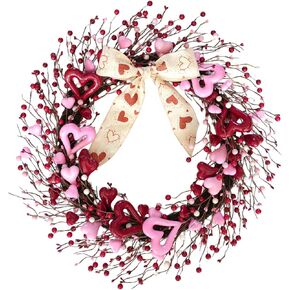 TEMPUS 22 Inch Valentine's Day Wreath for Front Door Red Pink Foam Hollow Heart-Shaped Berries Wreath with Bow Indoor Decor for Anniversary, Wedding, Romantic Gift in Saudi Arabia