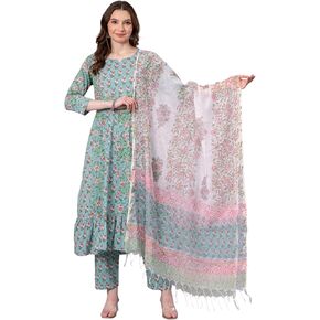 Women's Pure Cotton Anarkali Kurta Set – Hand Block Printed Kurti Pant & Dupatta – Floral Style Indian Outfit in Saudi Arabia