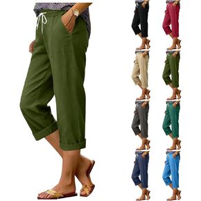 SCRRMZO سراويل كابري كتان للنساء برباط عالي الخصر سراويل طويلة صيفية غير رسمية لقضاء العطلات على الشاطئ مع جيوب in Kuwait
