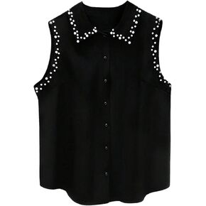 Verdusa Women's Plus Size Beaded Tops Pearl Button Down Dressy Blouse Sleeveless Collared Shirts in Saudi Arabia