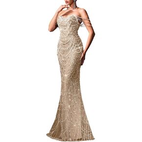 فستان سهرة رسمي نسائي من VOUIAO مزين باللؤلؤ، بدون حمالات، تنورة فستان وصيفة العروس لحفلات التخرج. in Kuwait