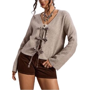 WDIRARA Women's Plus Size Leopard Tie Front Cardigan Sweaters Long Sleeve V Neck Knit Outerwear in Saudi Arabia