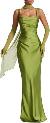 ABYOVRT Women Wedding Guest Dress Satin Corset Top Elegant Maxi Dresses with Sheer Scarf Evening Gown in Kuwait