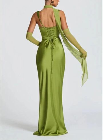 ABYOVRT Women Wedding Guest Dress Satin Corset Top Elegant Maxi Dresses with Sheer Scarf Evening Gown in Kuwait