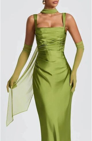 ABYOVRT Women Wedding Guest Dress Satin Corset Top Elegant Maxi Dresses with Sheer Scarf Evening Gown in Kuwait